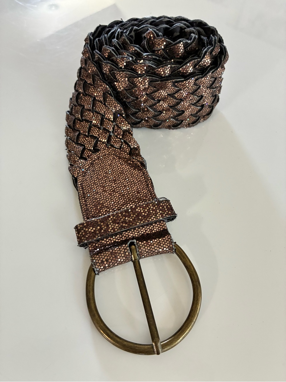 Woven Boho Metallic Brown Faux Leather Belt with Round Brass Buckle Pre Loved